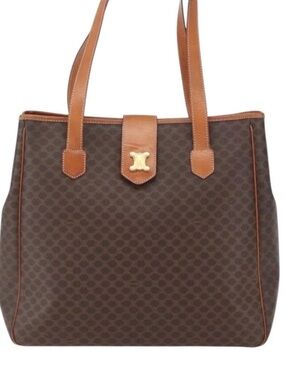 Celine Brown Monogram Madam Tote with Tan Leather Trim and Gold Accent